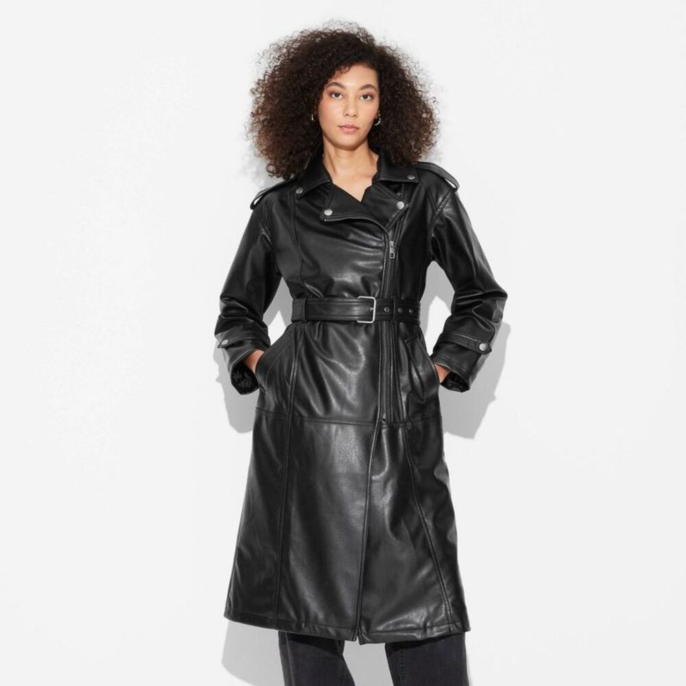 Wild Fable Black Faux Leather Trench Coat - Picture 2 of 3